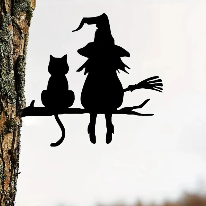 Ogrodowa dekoracja z sylwetką wiedźmy i kota, żelazna, do ogrodu | ShadowCharm
