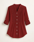 Polyester Blouse Met Pofmouwen En Kanten Accenten-Blouses & Tops-Velani-Rood-S-Velani