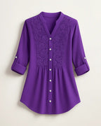 Polyester Blouse Met Pofmouwen En Kanten Accenten-Blouses & Tops-Velani-Paars-S-Velani