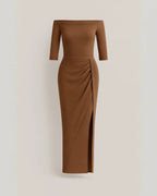 Polyester Glitter Jurk met Korte Mouwen-Dresses-Velani-Bruin-S-Velani