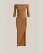 Polyester Glitter Jurk met Korte Mouwen-Dresses-Velani-Khaki-S-Velani