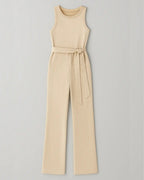 Polyester Jumpsuit Met Glitterdesign En Tailleband-Jumpsuits-Velani-Beige-S-Velani