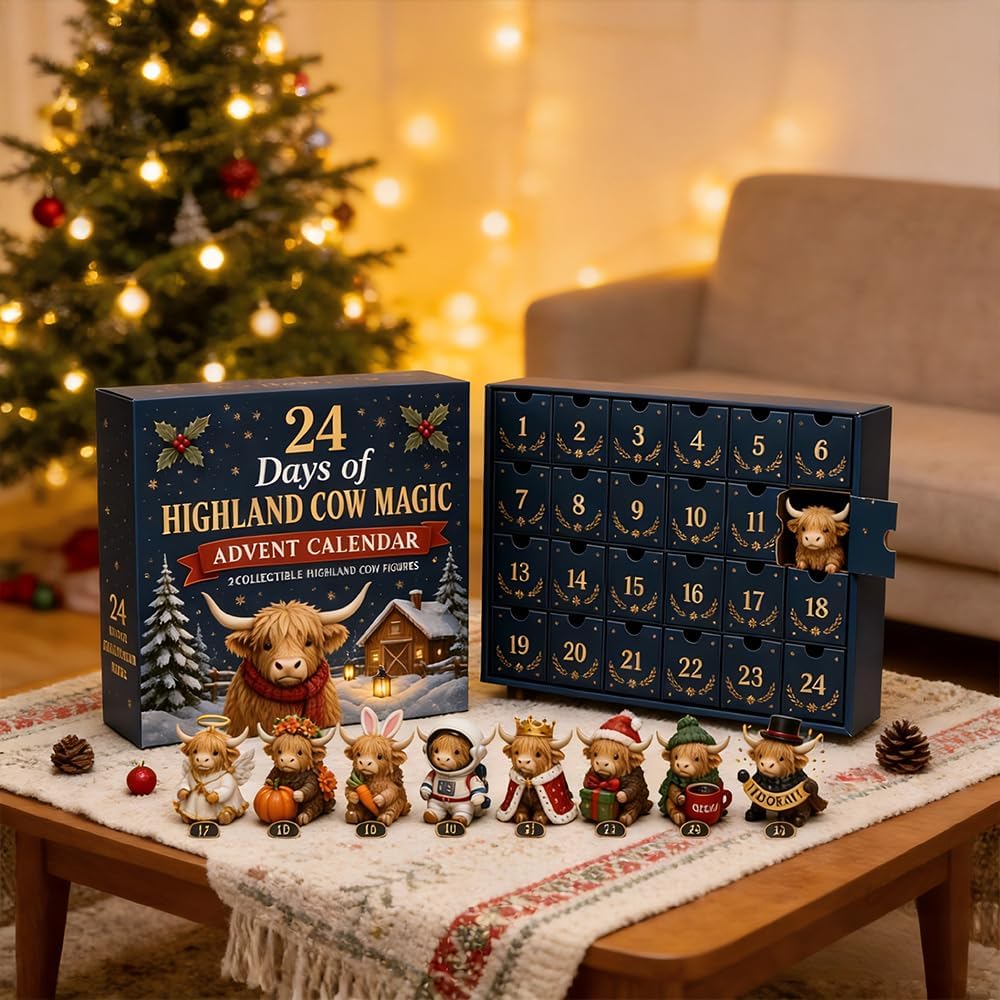 Julekalender med højlandskvæg og 24 dekorative akrylophæng | MerryHigh