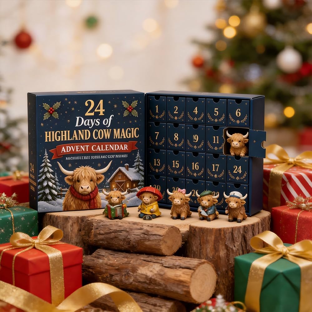 Julekalender med højlandskvæg og 24 dekorative akrylophæng | MerryHigh