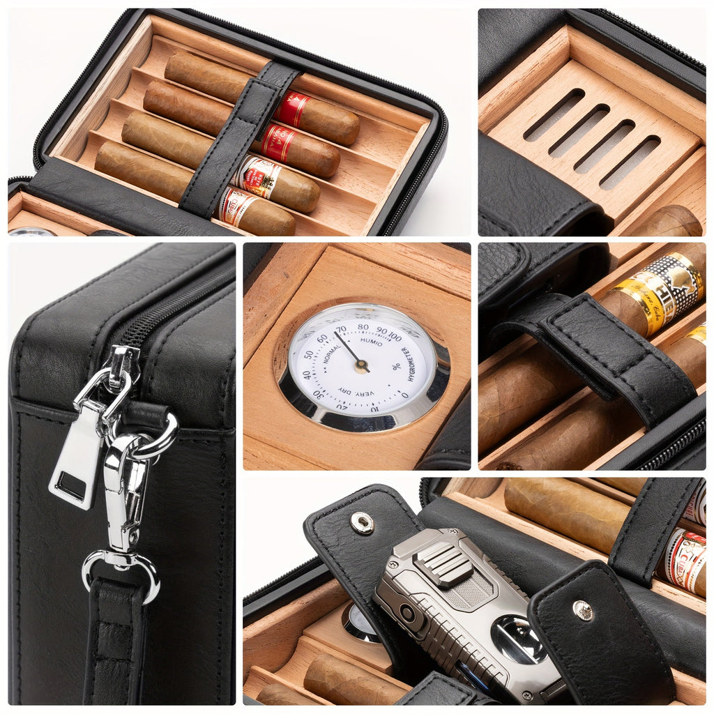 Etui na cygara humidor skórzane z cedrowym drewnem i higrometrem podróżne do przechowywania 6 cygar | Domenico