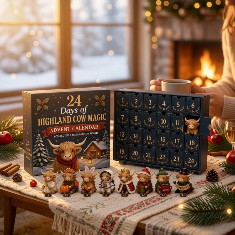 Julekalender med højlandskvæg og 24 dekorative akrylophæng | MerryHigh