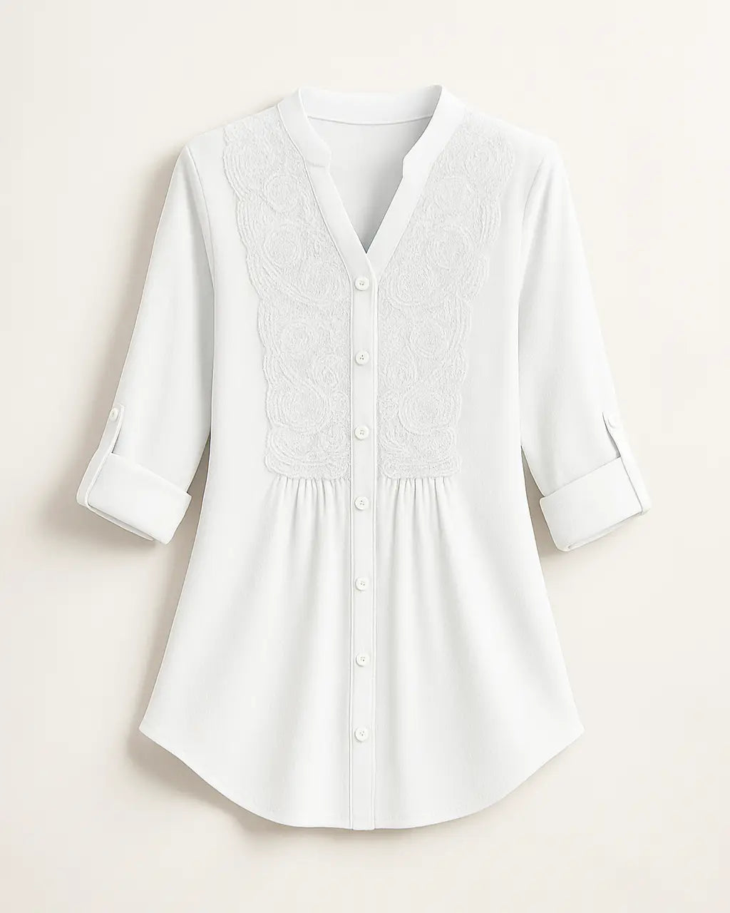 Polyester Blouse Met Pofmouwen En Kanten Accenten-Blouses & Tops-Velani-Wit-S-Velani