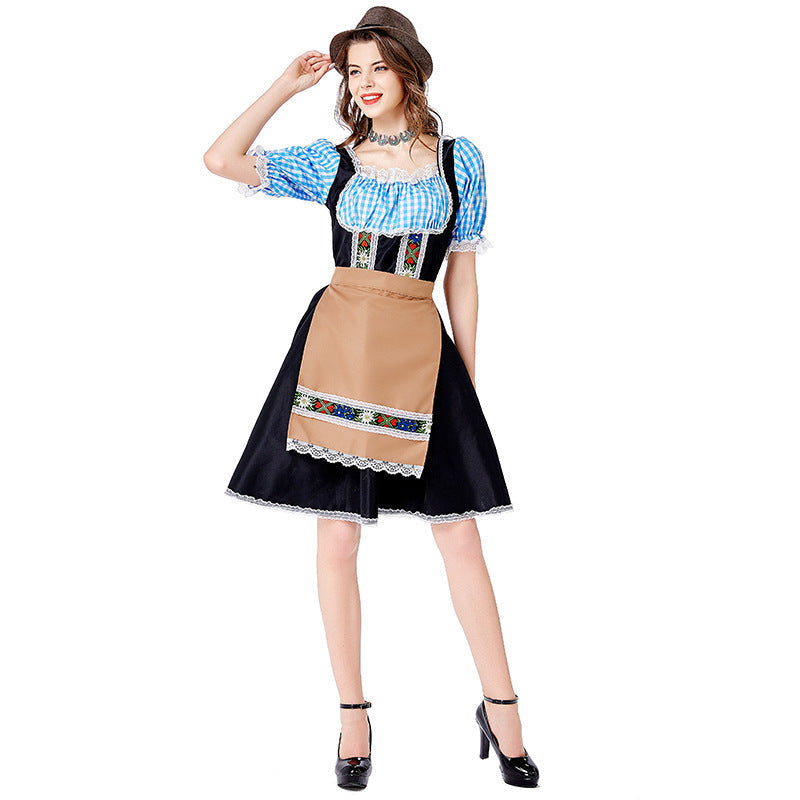 Damski dirndl ze sznurowanym gorsetem i haftowanym fartuchem | Hannah