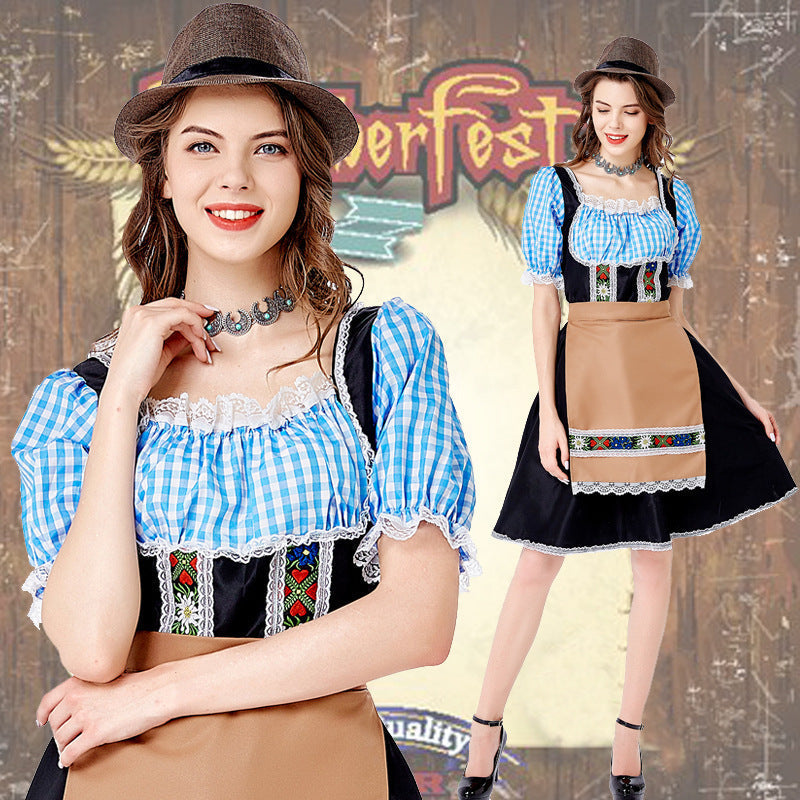 Damski dirndl ze sznurowanym gorsetem i haftowanym fartuchem | Hannah