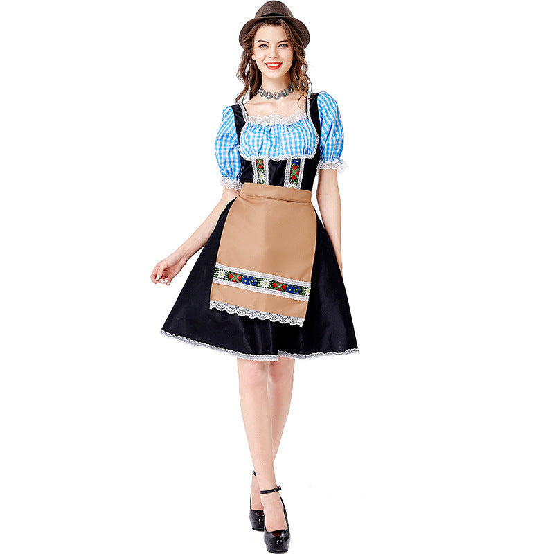 Damski dirndl ze sznurowanym gorsetem i haftowanym fartuchem | Hannah
