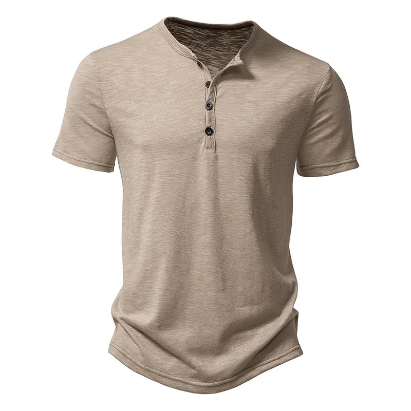 Elvorn Pike Męski bawełniany T-shirt z krótkim rękawem i kołnierzykiem henley, swobodny na lato