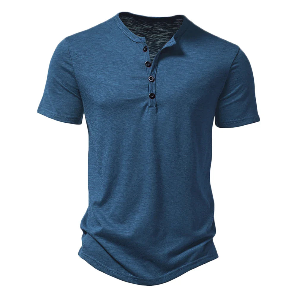 Elvorn Pike Męski bawełniany T-shirt z krótkim rękawem i kołnierzykiem henley, swobodny na lato