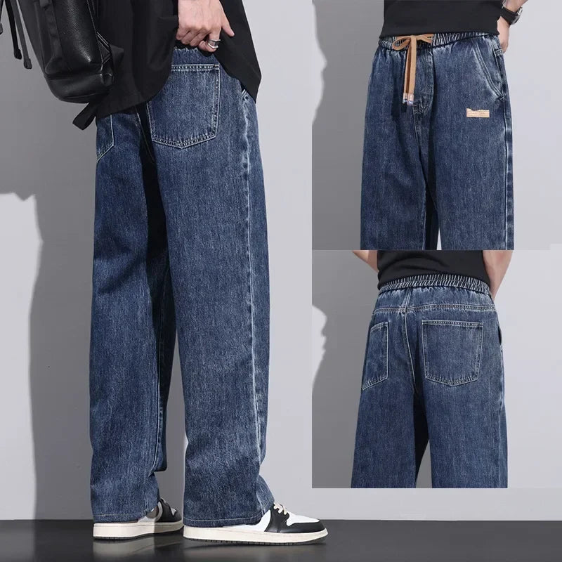 Luźne męskie jeansy z denimu o szerokich prostych nogawkach, ze średnim stanem | Paul