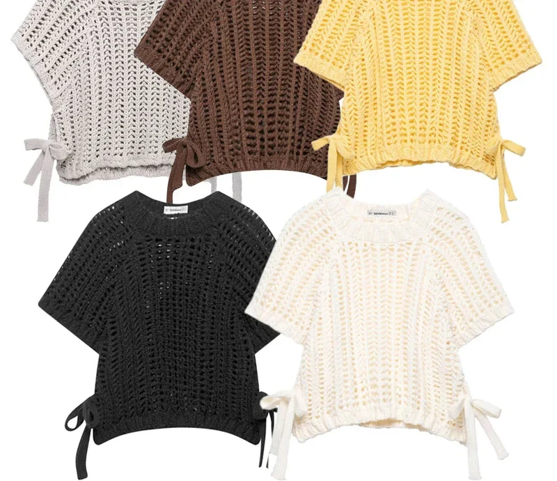 Sweter z dzianiny z detalem w postaci kokardy, z krótkim rękawem | Rosenwald