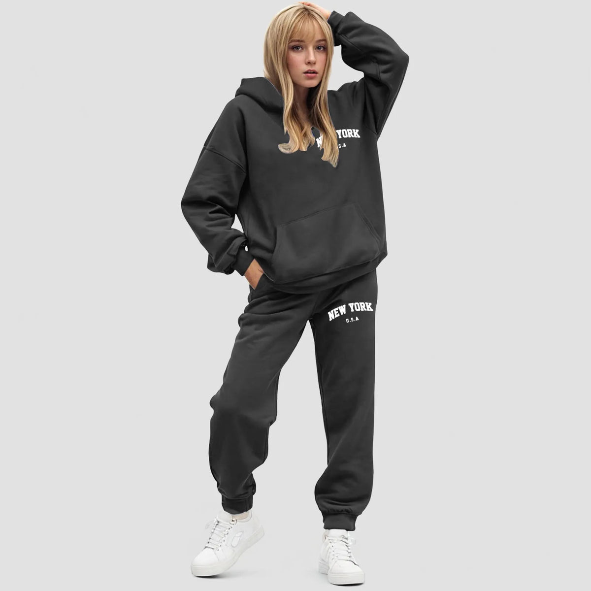Damski zestaw z bluzą z kapturem Oversize Polarowe spodnie jogger | Elvara