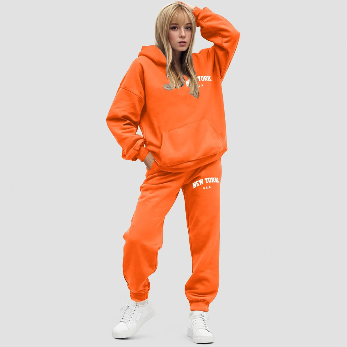 Damski zestaw z bluzą z kapturem Oversize Polarowe spodnie jogger | Elvara