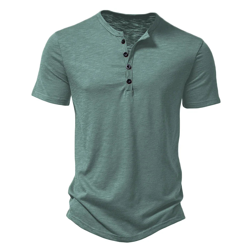 Elvorn Pike Męski bawełniany T-shirt z krótkim rękawem i kołnierzykiem henley, swobodny na lato