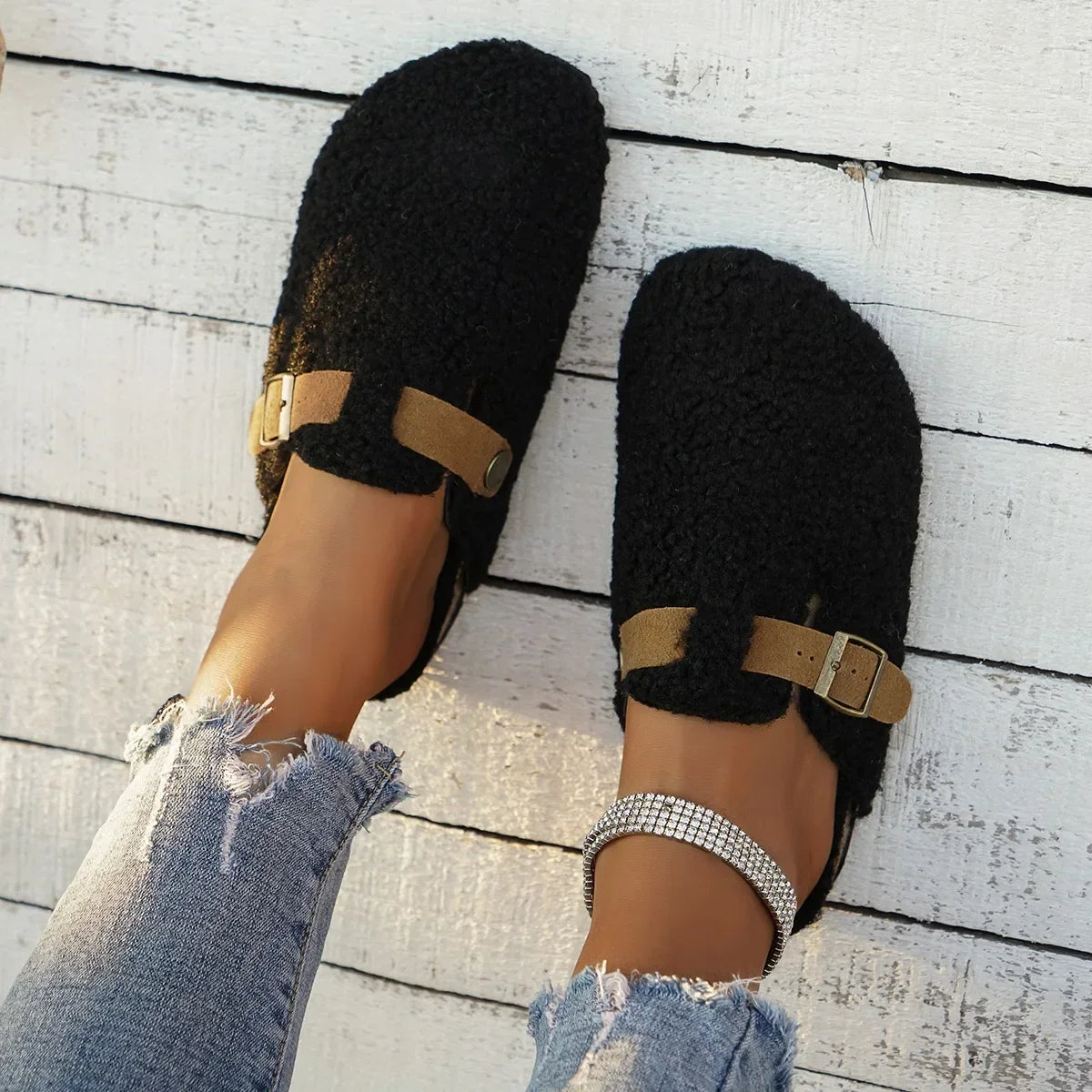 Forede damehjemmesko med blødt plysfor lukket tå slip-on design gummisål | Philippine
