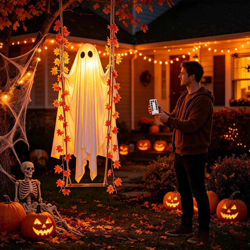 Wiszący duch Halloween z oświetleniem LED i pilotem | Spokaty