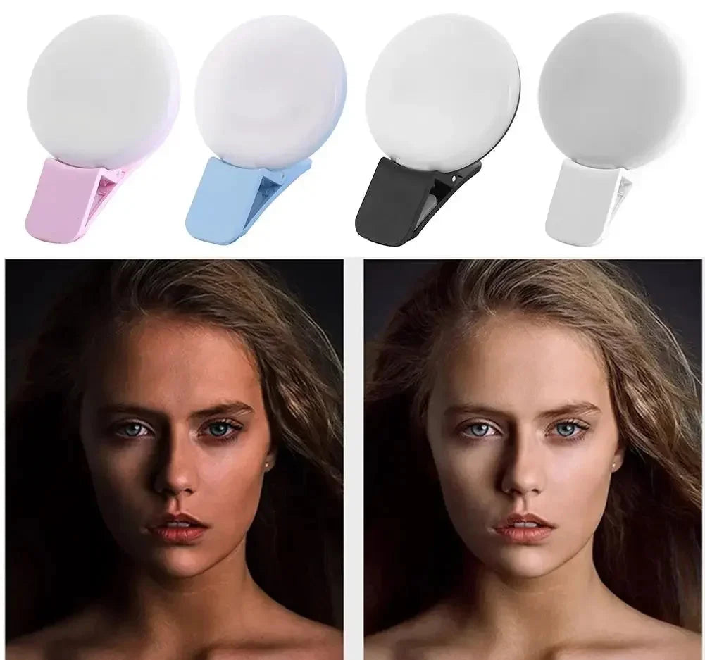 Kompakt LED selfie lys med klip og justerbart lysniveau | Lumina