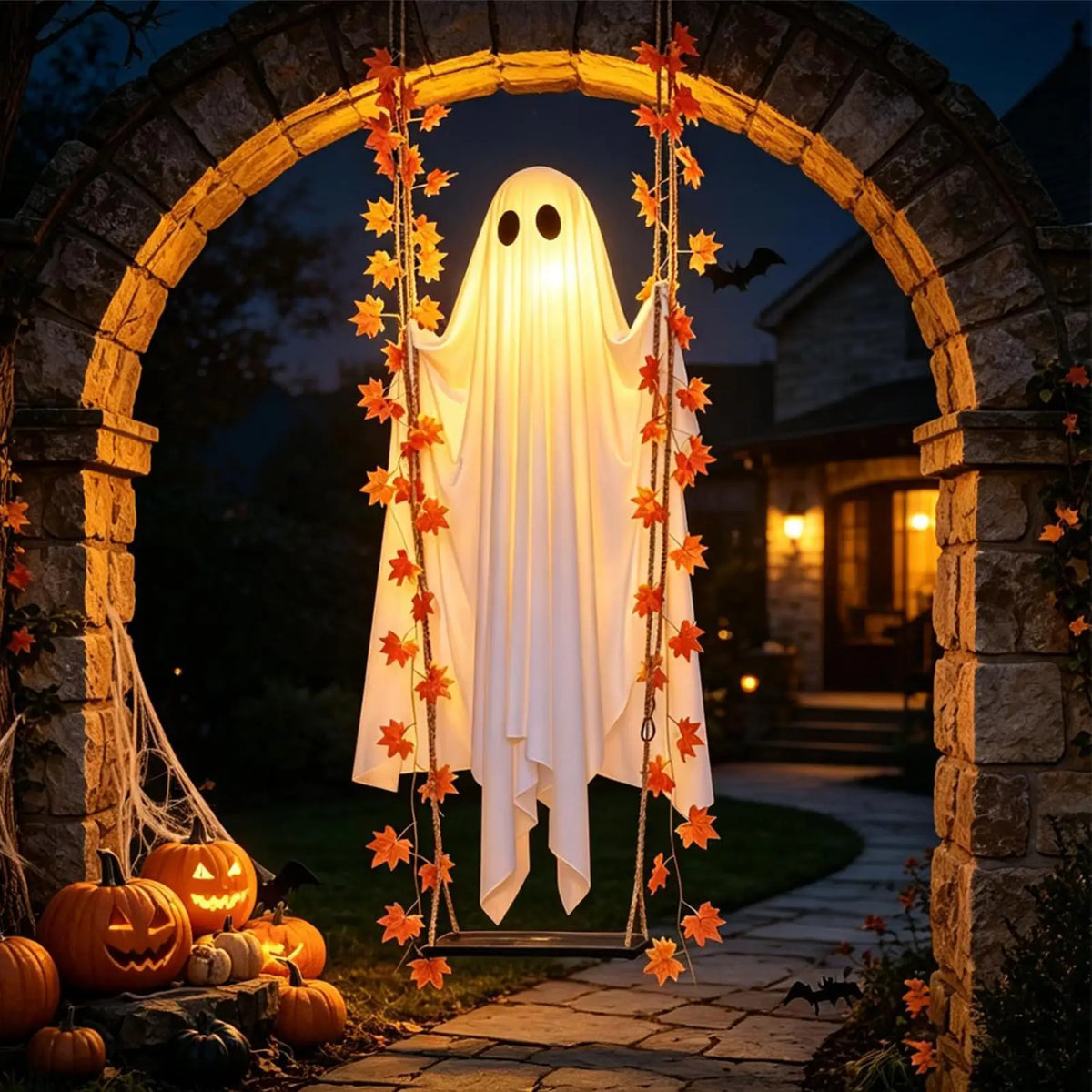 Wiszący duch Halloween z oświetleniem LED i pilotem | Spokaty