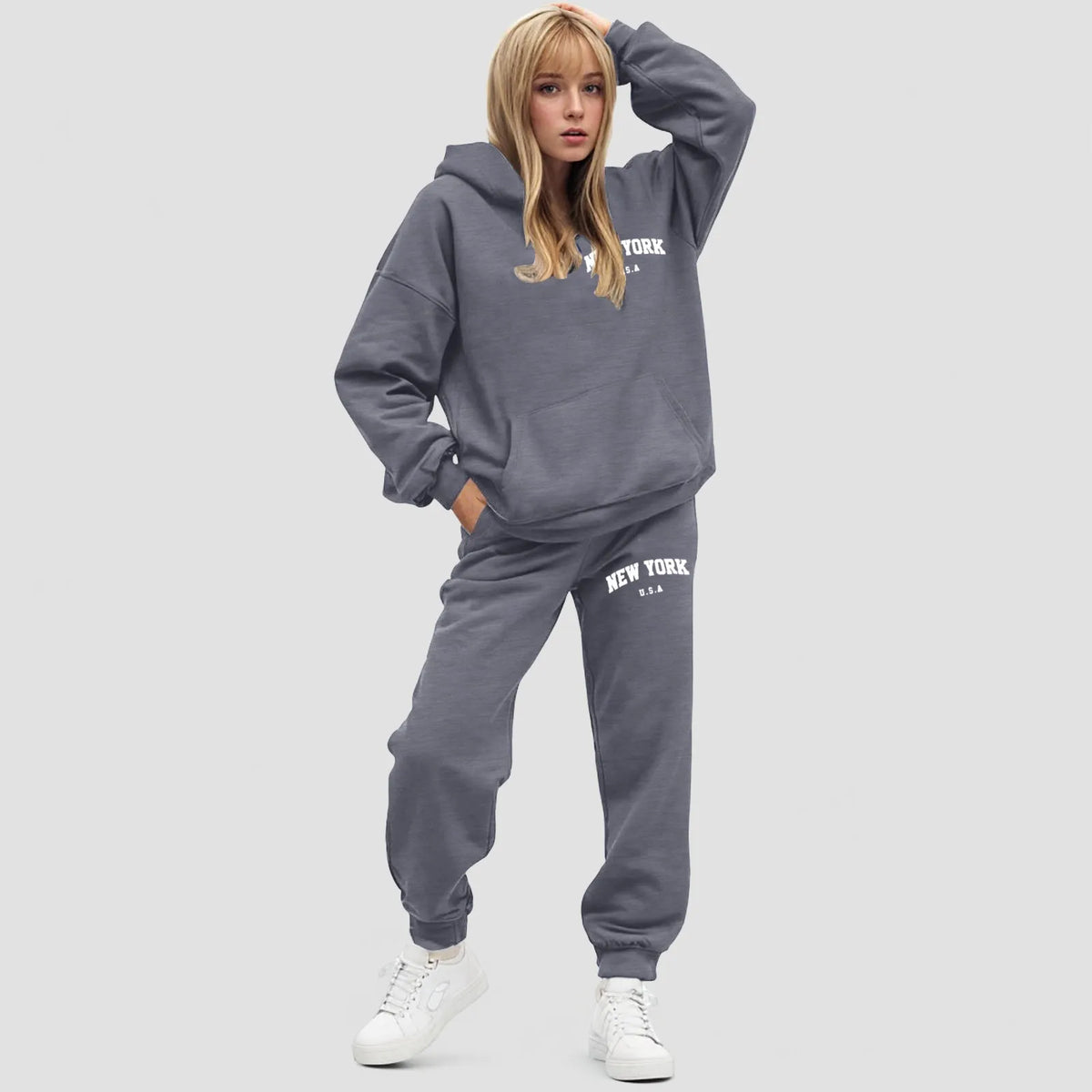 Damski zestaw z bluzą z kapturem Oversize Polarowe spodnie jogger | Elvara