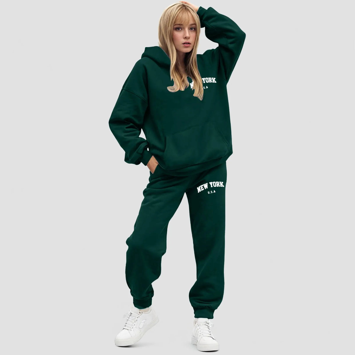 Damski zestaw z bluzą z kapturem Oversize Polarowe spodnie jogger | Elvara