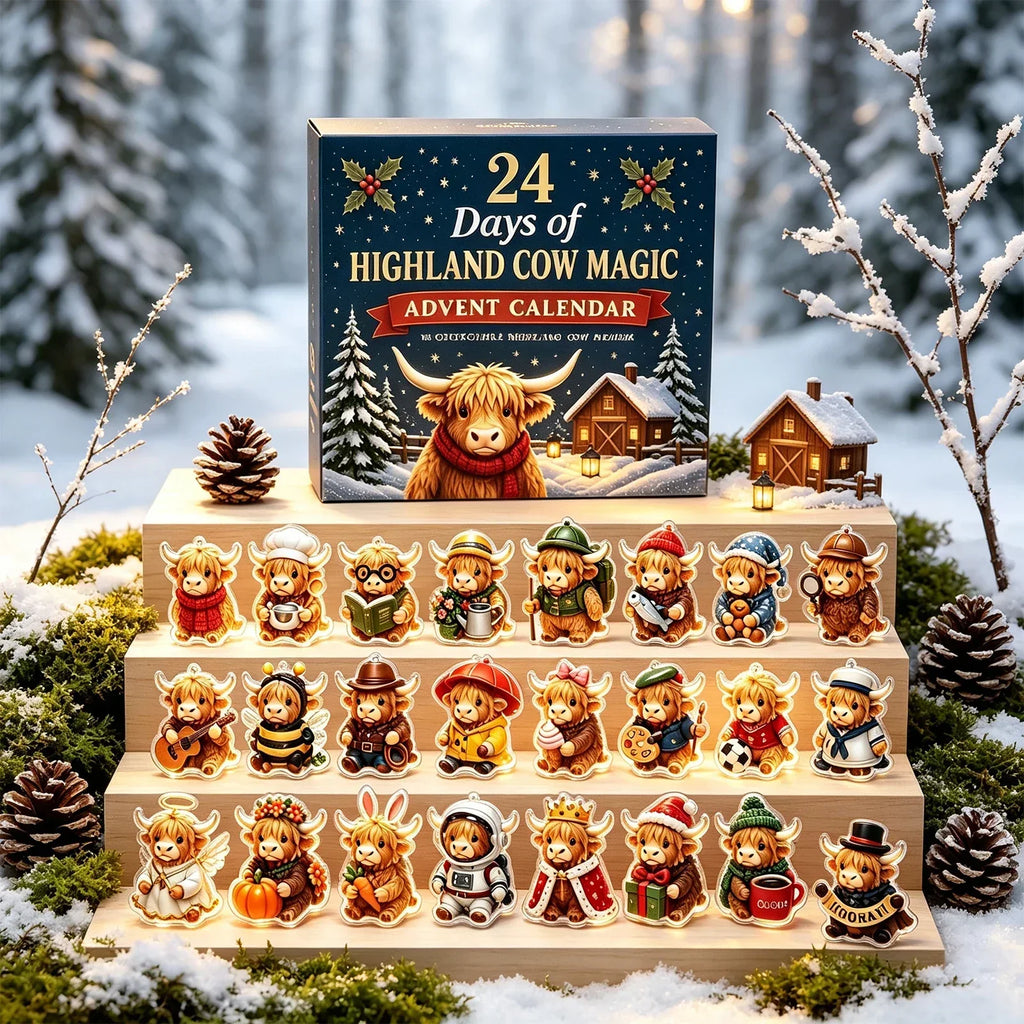 Julekalender med højlandskvæg og 24 dekorative akrylophæng | MerryHigh