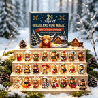 Julekalender med højlandskvæg og 24 dekorative akrylophæng | MerryHigh