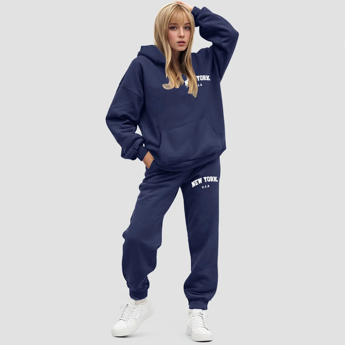 Damski zestaw z bluzą z kapturem Oversize Polarowe spodnie jogger | Elvara