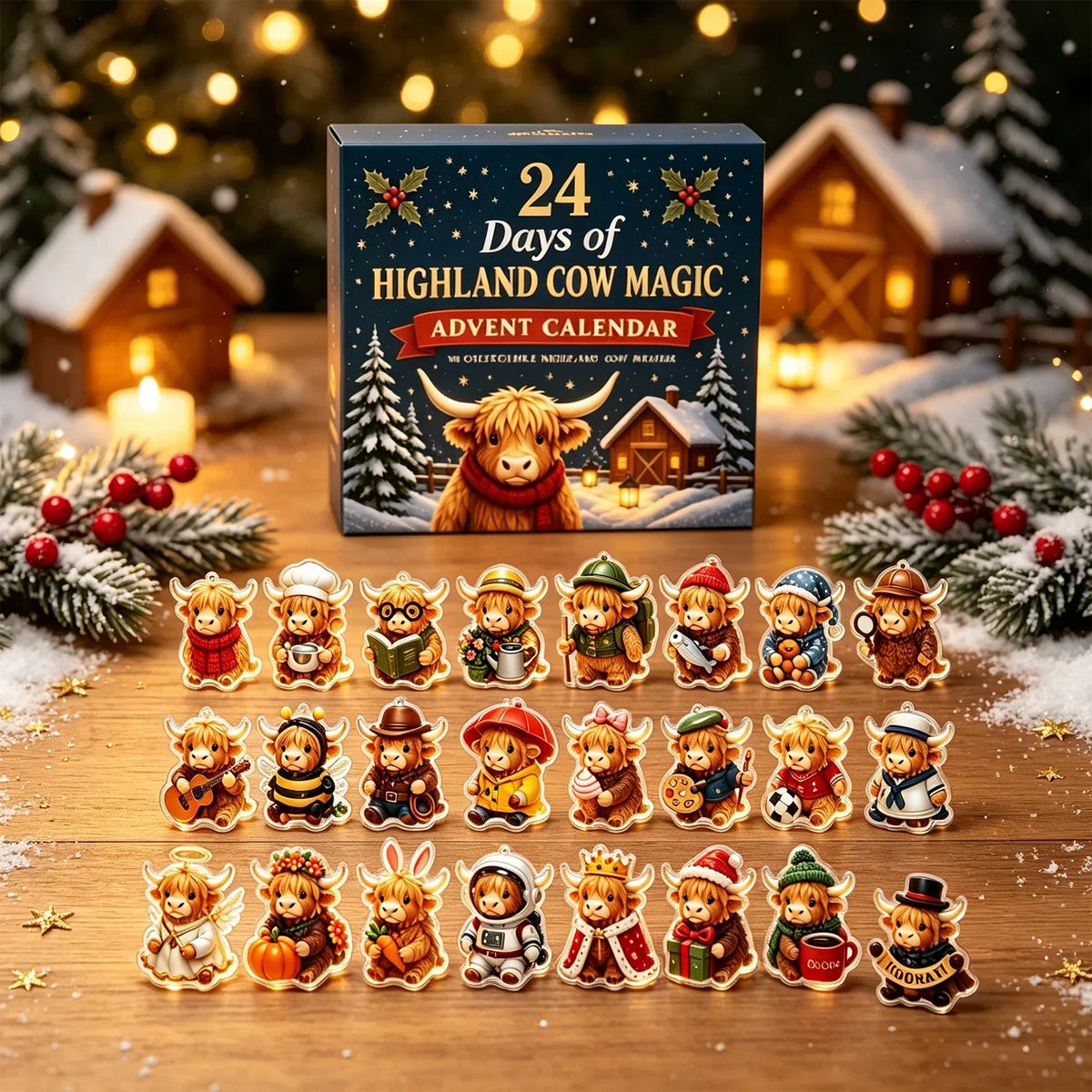 Julekalender med højlandskvæg og 24 dekorative akrylophæng | MerryHigh