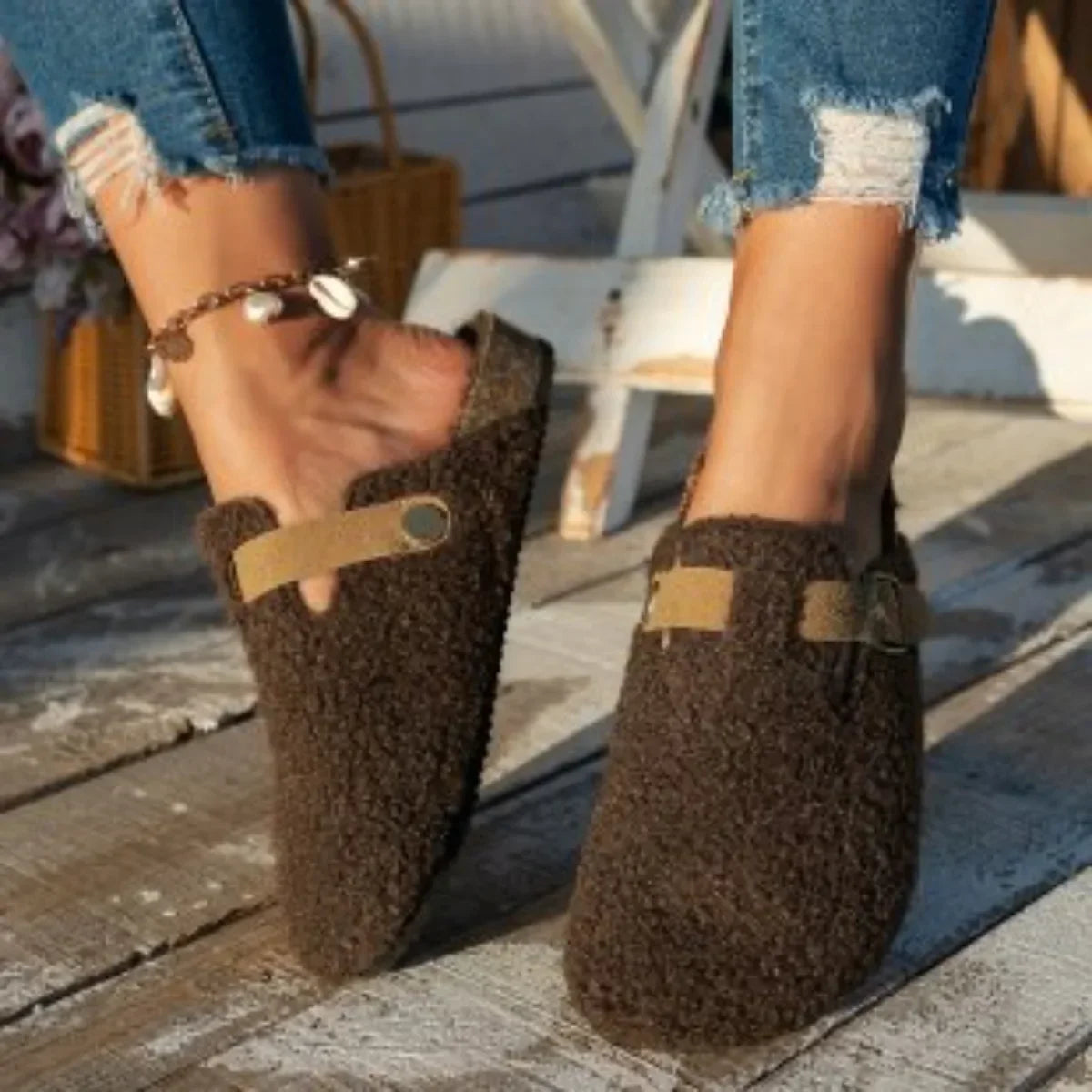 Forede damehjemmesko med blødt plysfor lukket tå slip-on design gummisål | Philippine