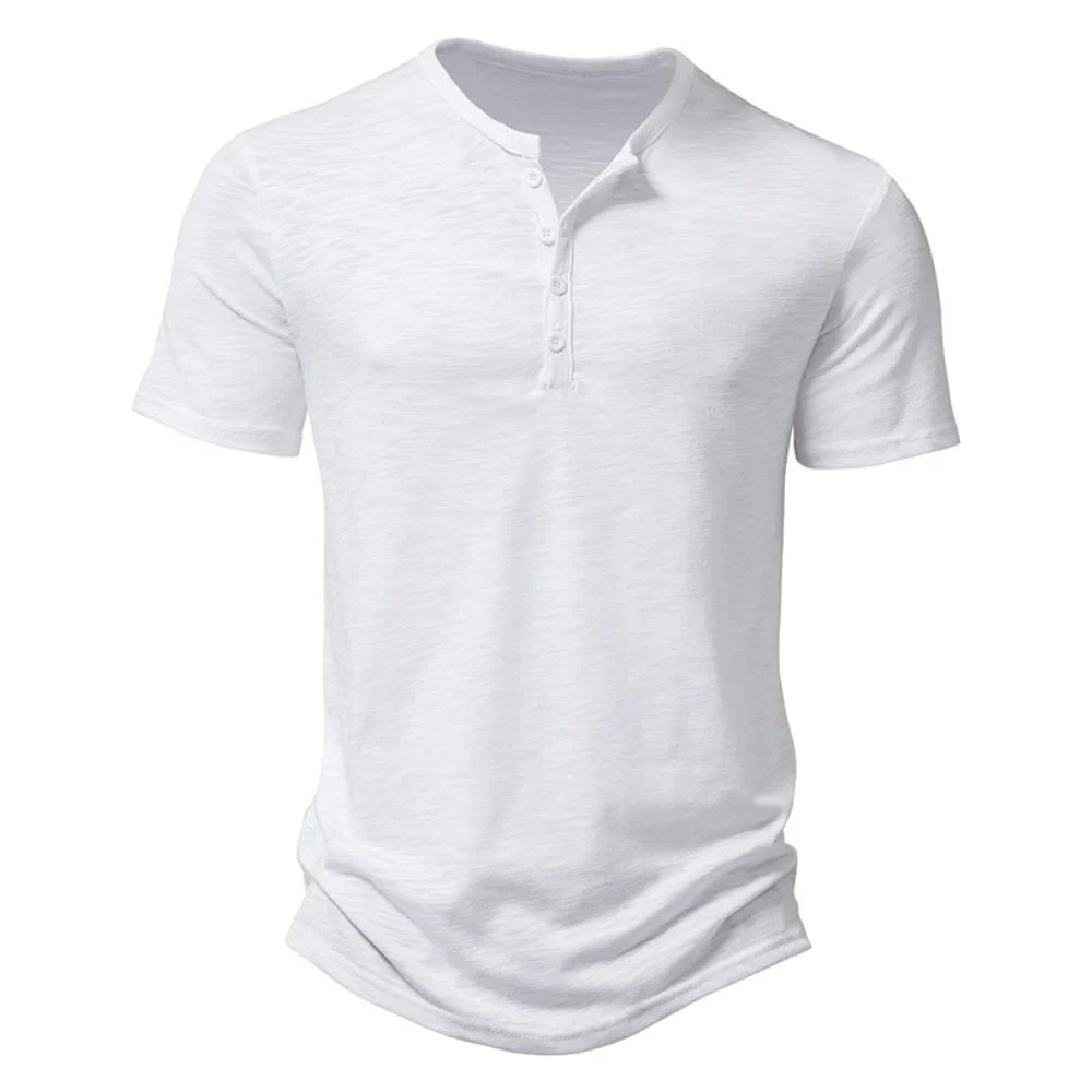 Elvorn Pike Męski bawełniany T-shirt z krótkim rękawem i kołnierzykiem henley, swobodny na lato