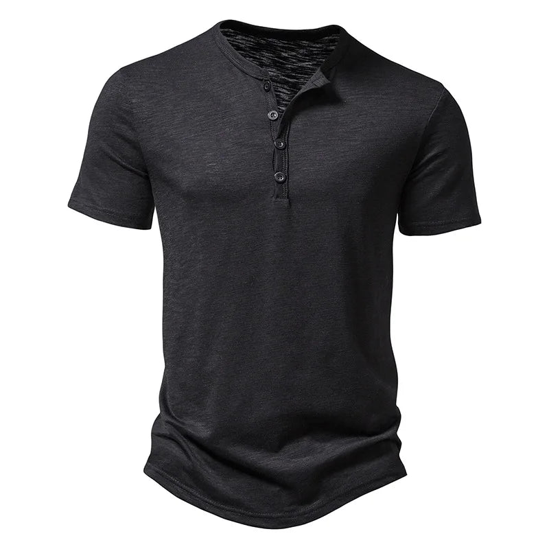 Elvorn Pike Męski bawełniany T-shirt z krótkim rękawem i kołnierzykiem henley, swobodny na lato