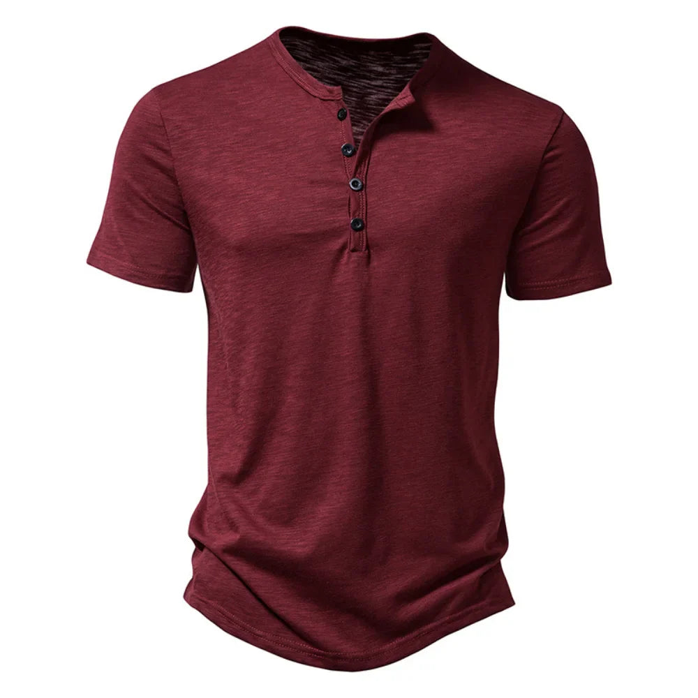 Elvorn Pike Męski bawełniany T-shirt z krótkim rękawem i kołnierzykiem henley, swobodny na lato