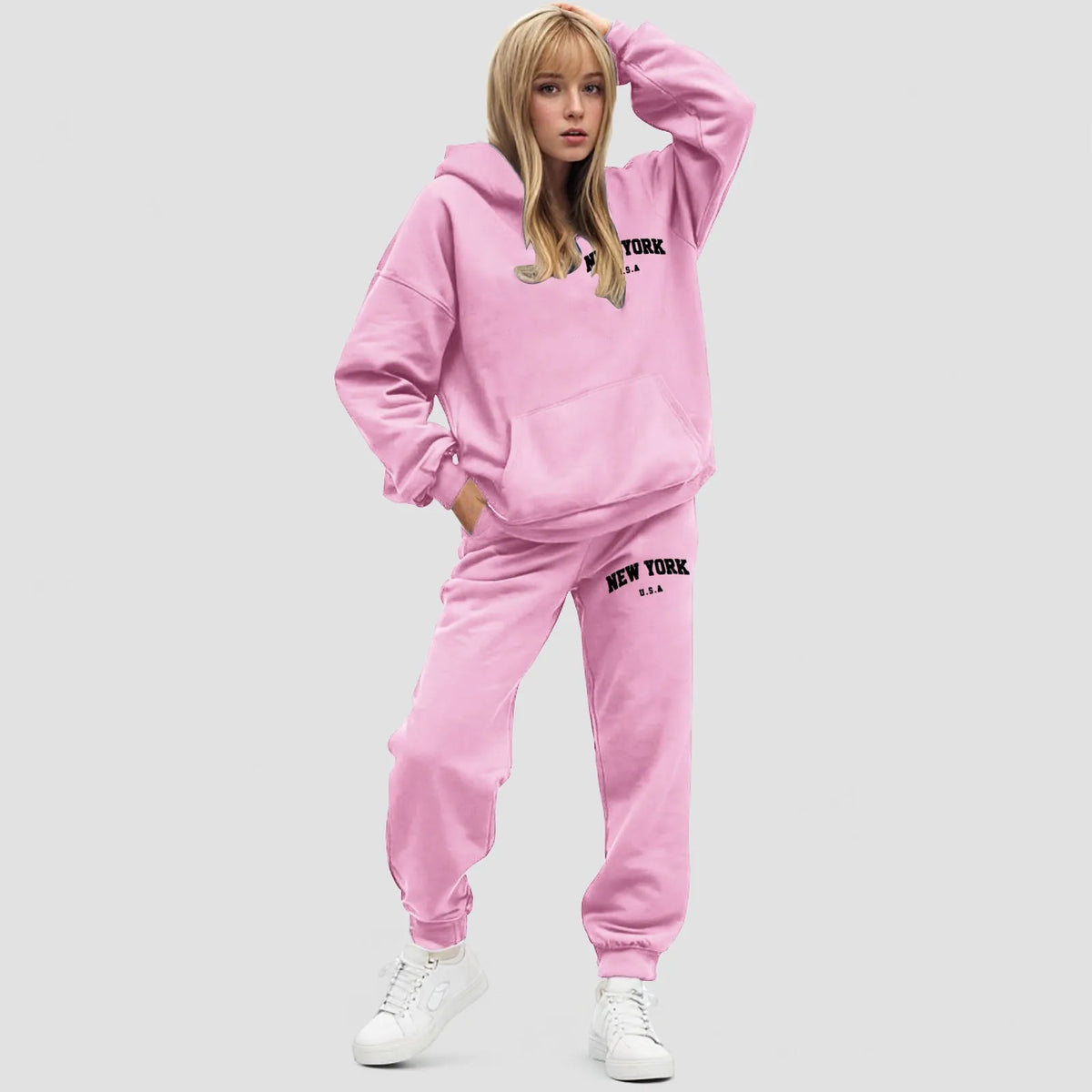 Damski zestaw z bluzą z kapturem Oversize Polarowe spodnie jogger | Elvara
