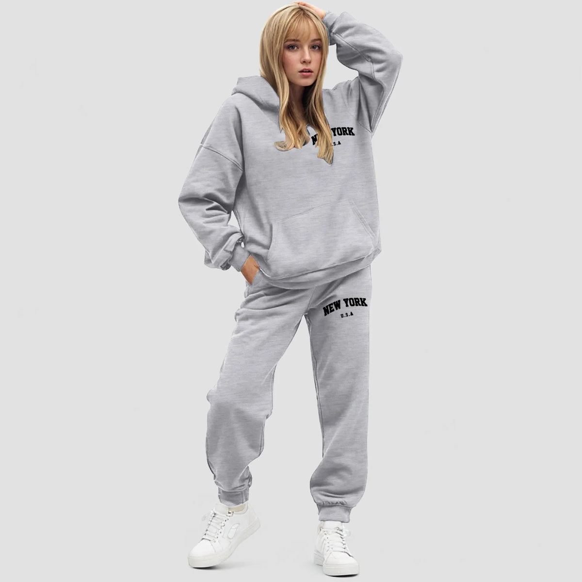 Damski zestaw z bluzą z kapturem Oversize Polarowe spodnie jogger | Elvara