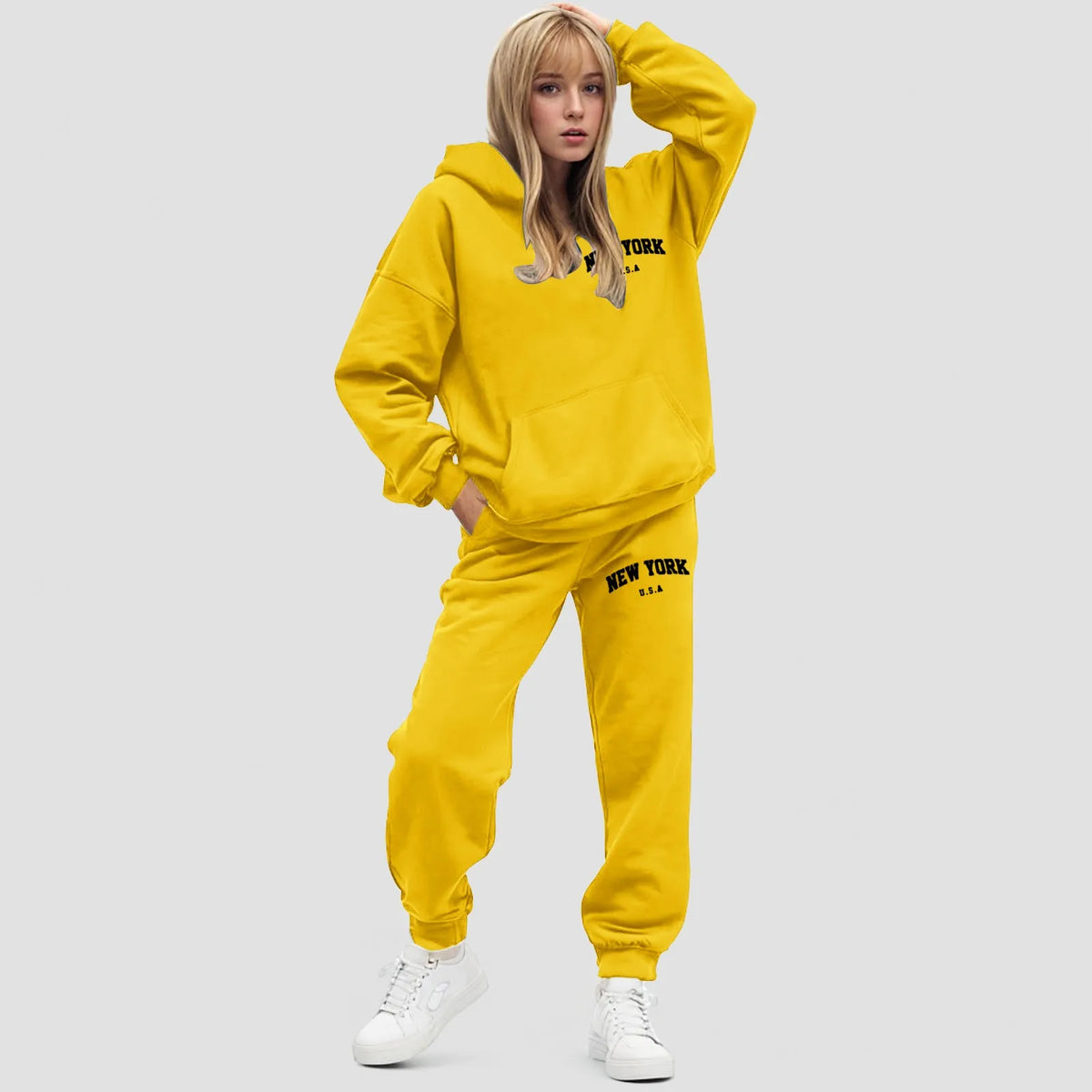 Damski zestaw z bluzą z kapturem Oversize Polarowe spodnie jogger | Elvara