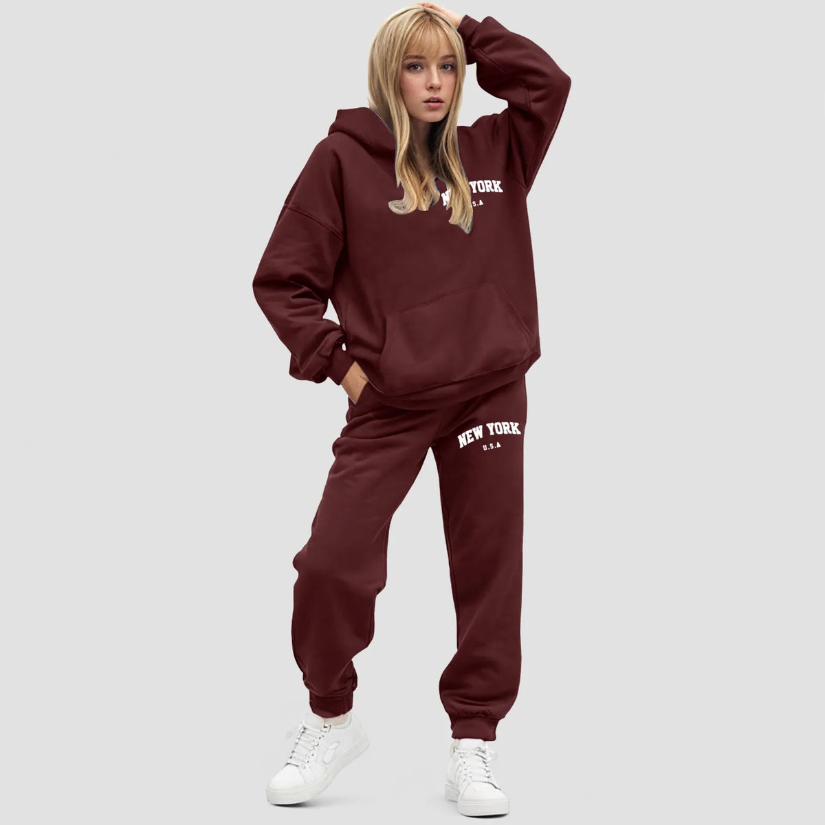 Damski zestaw z bluzą z kapturem Oversize Polarowe spodnie jogger | Elvara