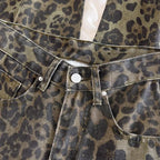 Flared Leopard-damejeans med høj talje, stretch, fuld længde og brede ben | Pauline