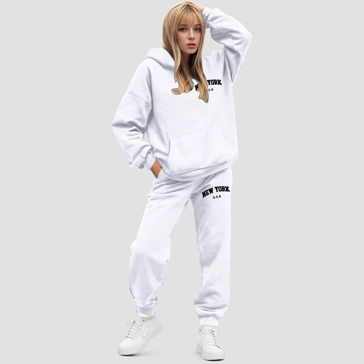 Damski zestaw z bluzą z kapturem Oversize Polarowe spodnie jogger | Elvara