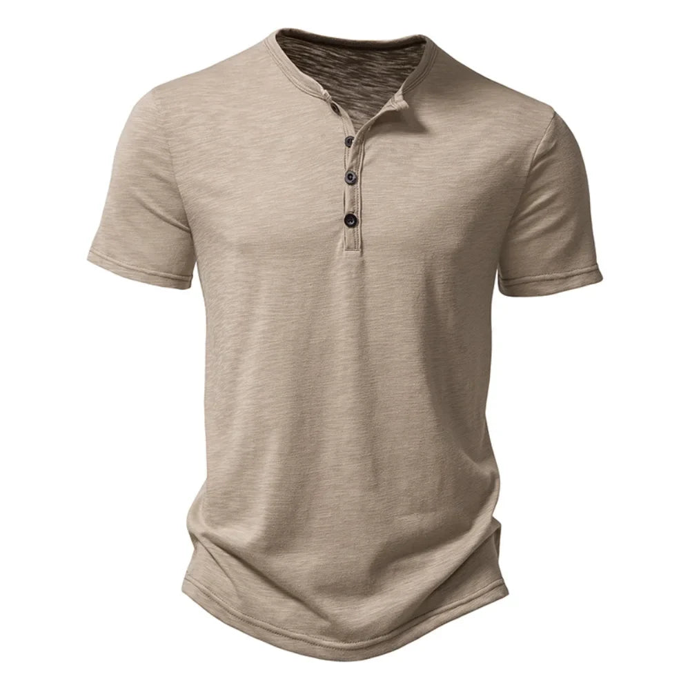Elvorn Pike Męski bawełniany T-shirt z krótkim rękawem i kołnierzykiem henley, swobodny na lato