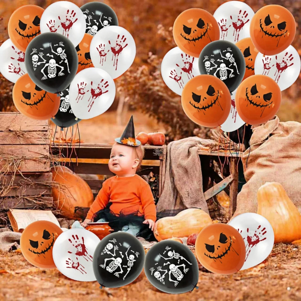 Balony halloweenowe z dyniami, szkieletami i odciskami dłoni | Balloween