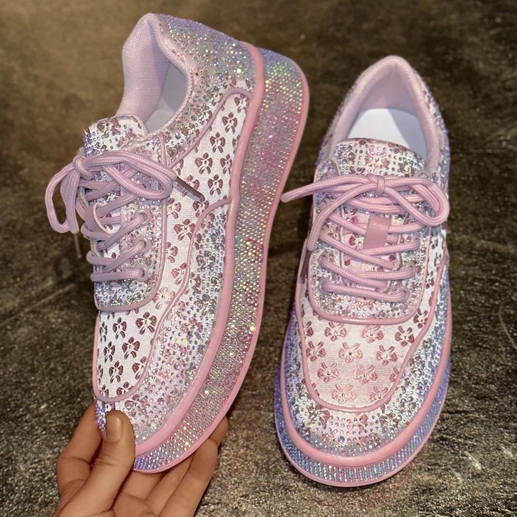 Damesneakers med blomster og rhinsten i sølv og pink | Blossom