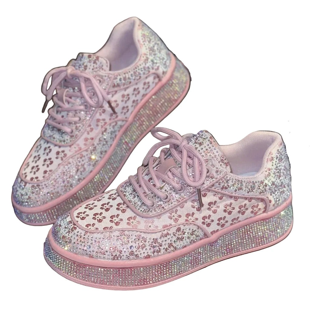 Damesneakers med blomster og rhinsten i sølv og pink | Blossom