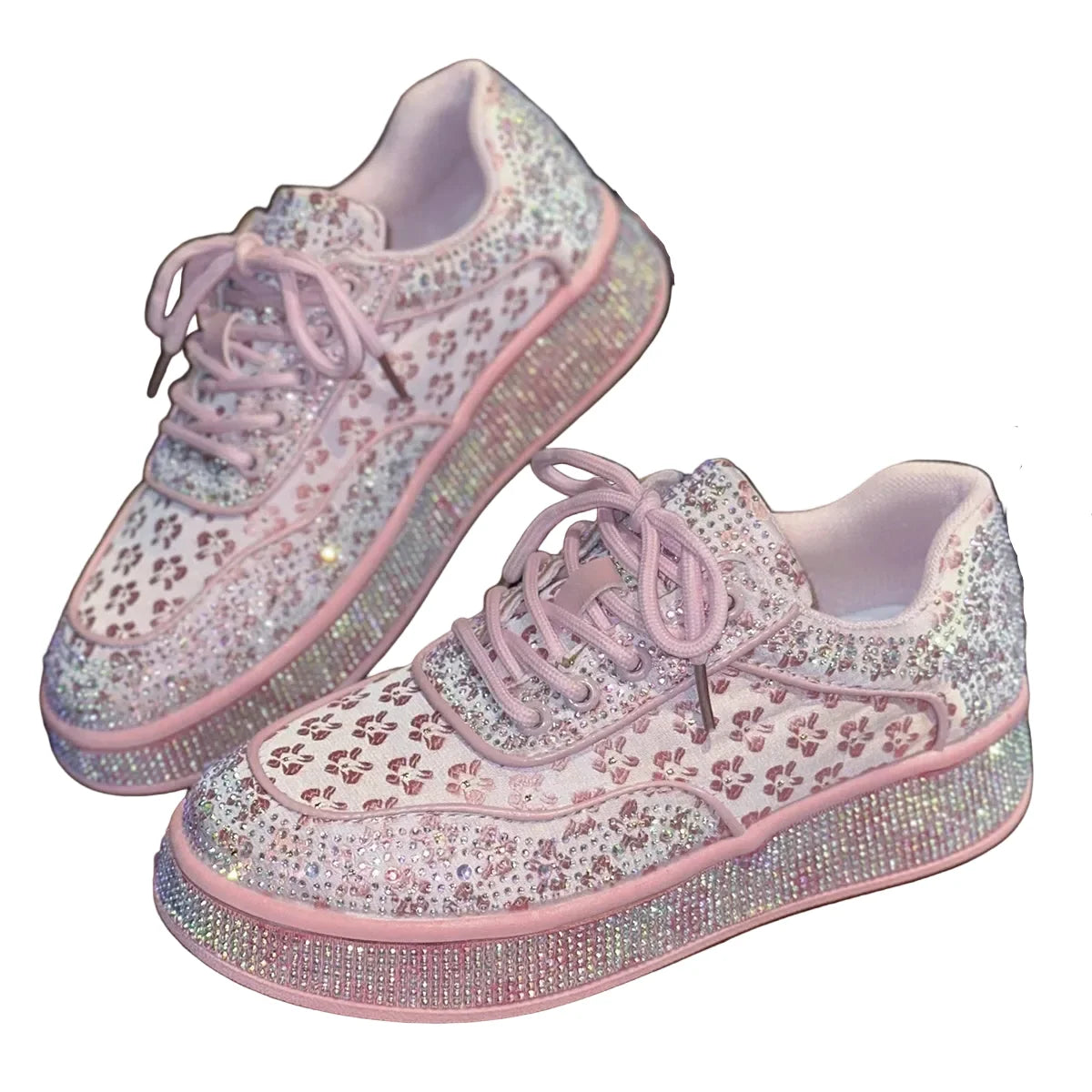Damesneakers med blomster og rhinsten i sølv og pink | Blossom