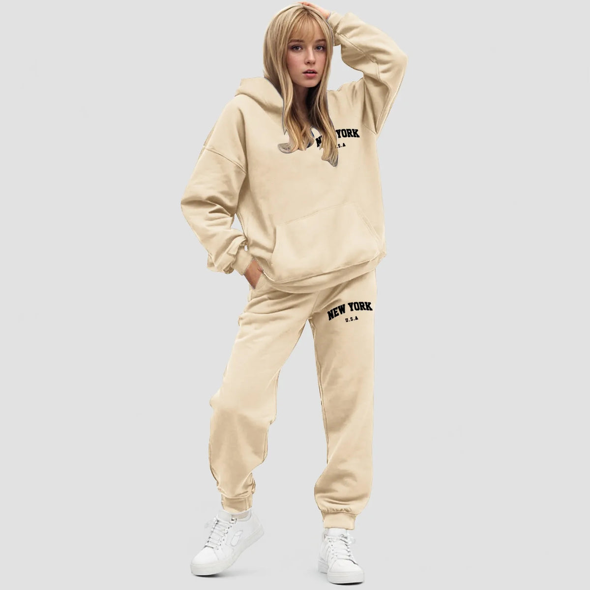 Damski zestaw z bluzą z kapturem Oversize Polarowe spodnie jogger | Elvara