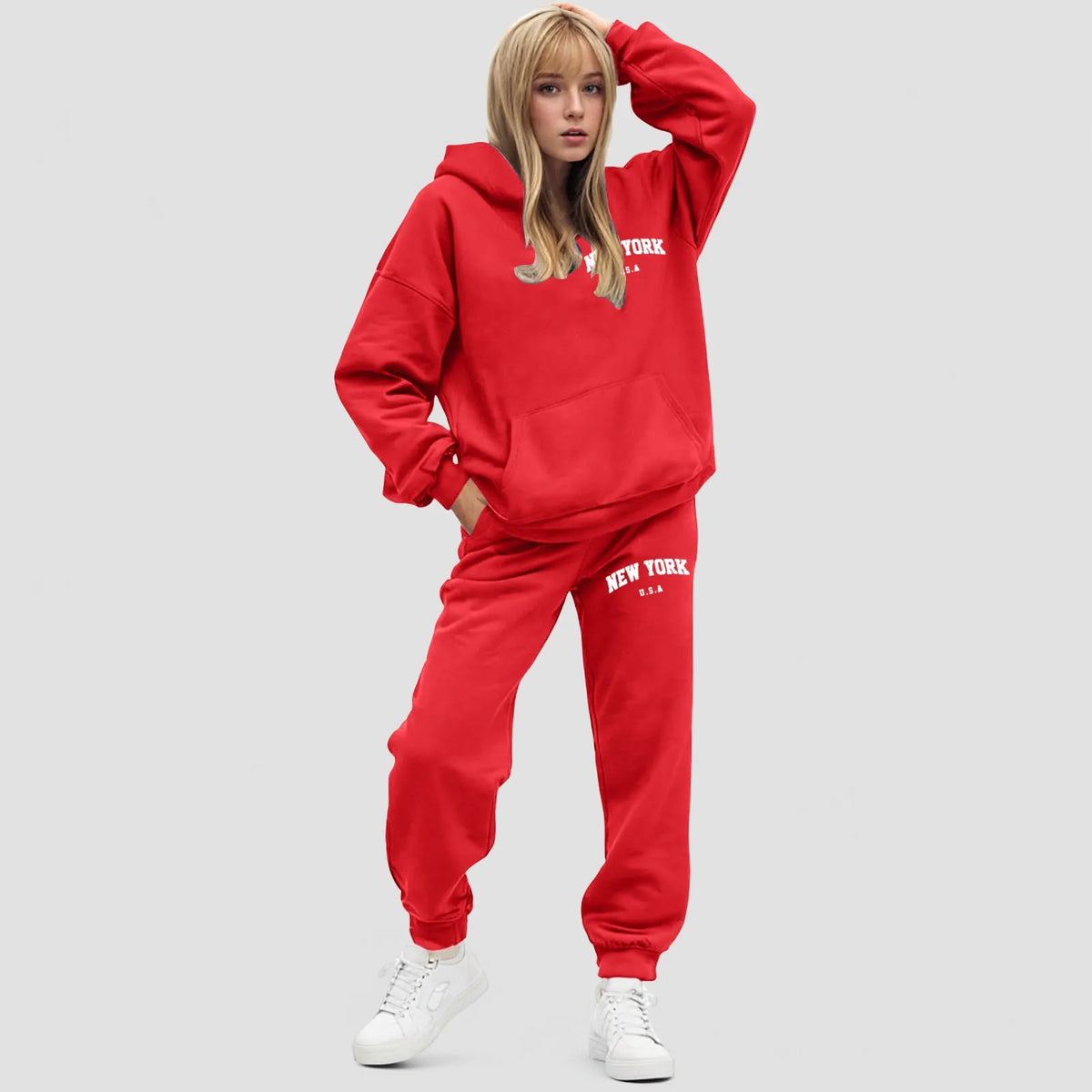 Damski zestaw z bluzą z kapturem Oversize Polarowe spodnie jogger | Elvara