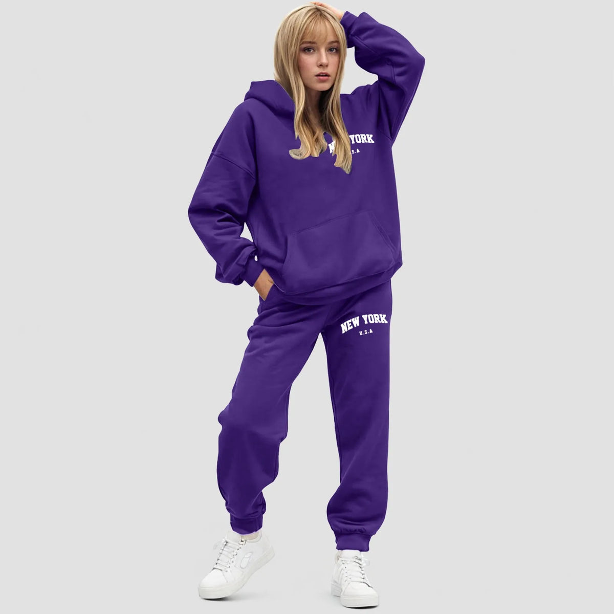 Damski zestaw z bluzą z kapturem Oversize Polarowe spodnie jogger | Elvara