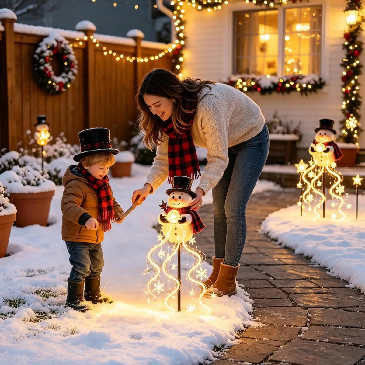 Solcelledrevet juledekoration med snemand og LED-lys | Snowy